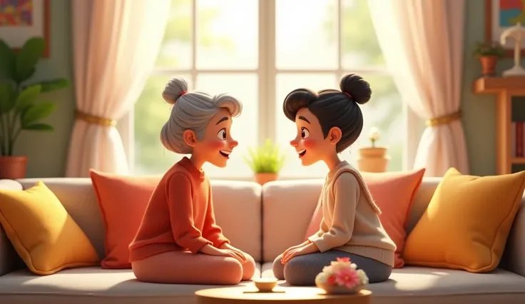 A grandmother and daughter in law ek beautiful room mein baithi baten kar rahi hain 3D cartoon style