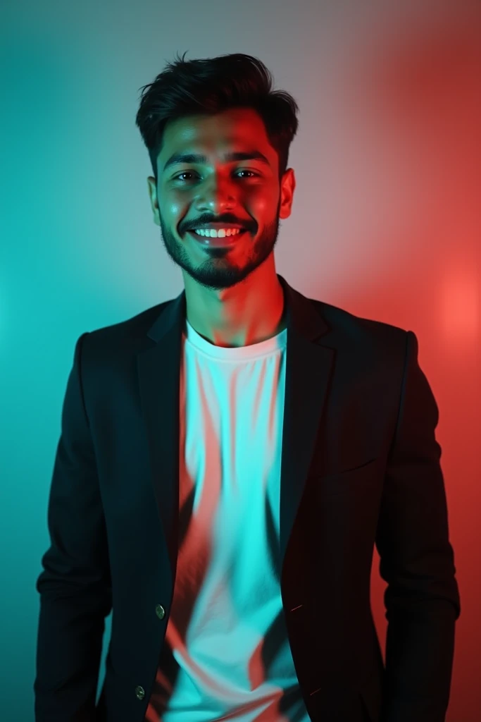 A young men with dark small hair ( Bangladeshi young boy)  and  smile he is dress a black blazer a white t-shirt  A man is positioned against aqua colour backdrop with a subtitle red lighting of the rate site and posing for linkedin profile 