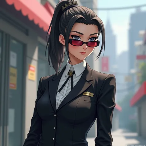 1 girl, cool girl, ponytail, have a crown, have a sunglasses, bossy, a real human, have a name Minei ih her black uniform