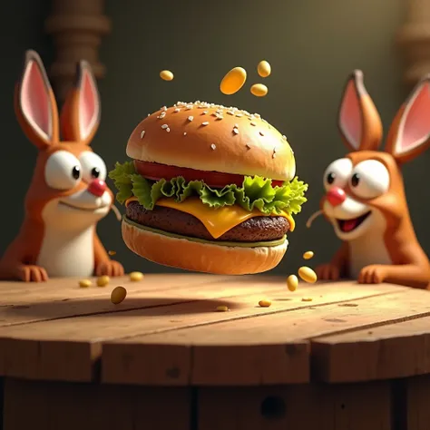 On the wooden table, a realistic burger is animatedly bouncing on its own, with lettuce and cheese spilling slightly. The ren look startled and wide-eyed.