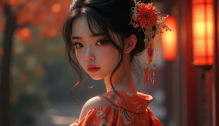  young woman、cute、kimono、 sexy、Her kimono is open and her shoulders are exposed.、 beautiful collarbone 、Beauty、1、 an imaginary creature 、 the background is realistic at night、The background is autumn leaves、( best quality,4K,8k, high definition ,masterpiec...