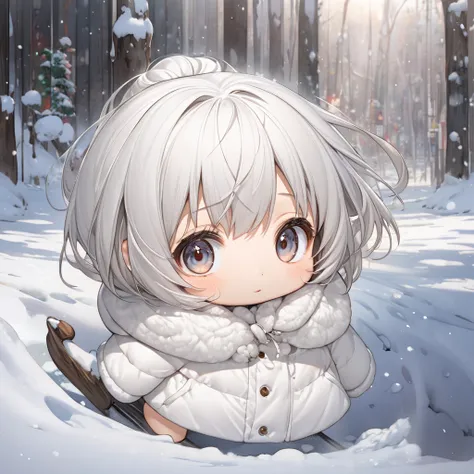 Ultra-realistic Hayao Miyazaki style, Simple line acronym abstract art, Kawaii design,  The most beautiful girl ever, (((Chibi))), Playing in the snow, 