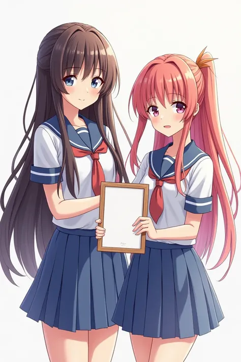  girls wearing long-haired junior high school uniforms,  white holding a charter and dally , make it a poster size  
