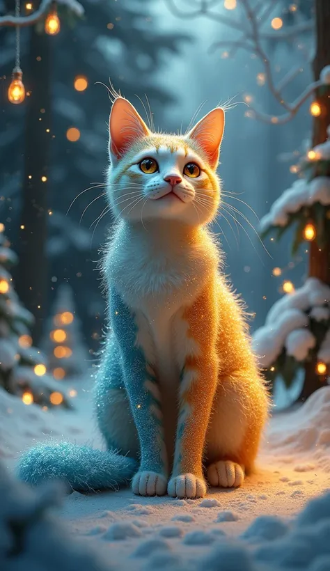 create a realistic photo image cat cute, background merry Christmas, It has a connection with the three elements of earth, air and fire blue, fantasy setting, 8k, UHD, masterpiece, detailed.