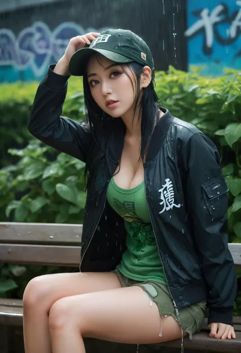 1 sexy Japanese girl, bellissima, solo, big natural tits upper body, close-up, black hair, wear cap, wearing a low cut thin green ripped, wet t-shirt and black jacket, sitting on bench, Graffiti
 theme raining garden in dark cool color tones, dark fantasy ...