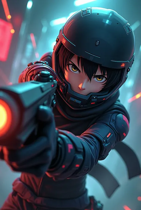 a anime picture with a boy with a gun and helment