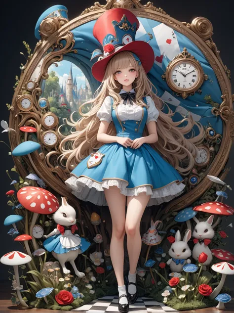 A shot where the hat properly shows everything、Full body shot 、1 girl, masterpiece, highest quality, 8k, fine skin texture, fine cloth texture, beautiful detailed face, intricate details, Super detailed, alice in wonderland,  Upper body