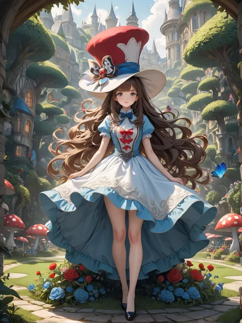 A shot where the hat properly shows everything、Full body shot 、1 girl, masterpiece, highest quality, 8k, fine skin texture, fine cloth texture, beautiful detailed face, intricate details, Super detailed, alice in wonderland,  Upper body