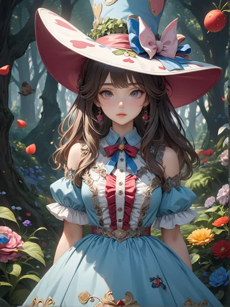 A shot where the hat properly shows everything、Full body shot 、1 girl, masterpiece, highest quality, 8k, fine skin texture, fine cloth texture, beautiful detailed face, intricate details, Super detailed, alice in wonderland,  Upper body