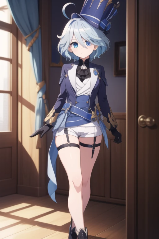 furina, furina, blue eyes, blue hair, cowlick, ahoge, hair over one eye, light blue hair, short hair,
BREAK asymmetrical gloves, black gloves, frills, gloves, half gloves, hat, shorts, tailcoat, thigh strap, top hat, white gloves, white shorts,
BREAK looki...