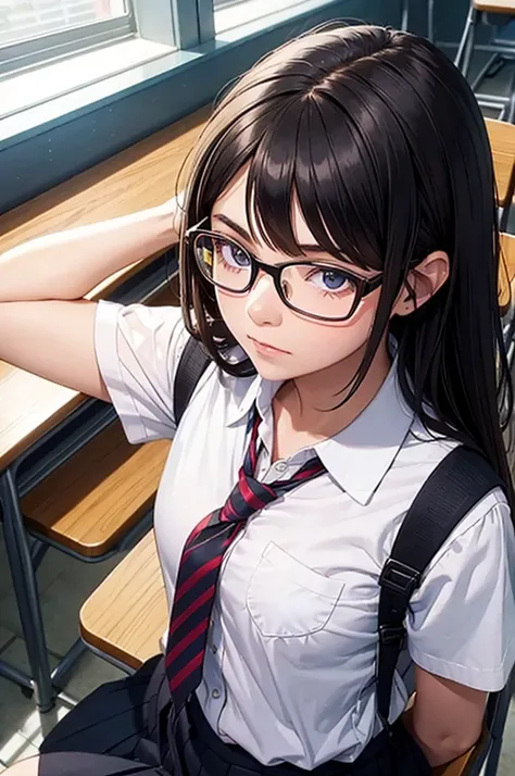 This picture shows a girl wearing glasses,  1 girl , Alone, School, 