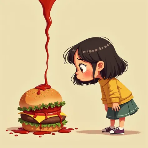 The girl is leaning closer to the burger, with a skeptical expression, while the burger looks like it’s explaining itself with animated hand-like gestures made from ketchup streams