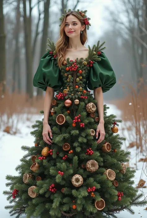 human christmas tree dress with puffed sleeves made of indigenous materials