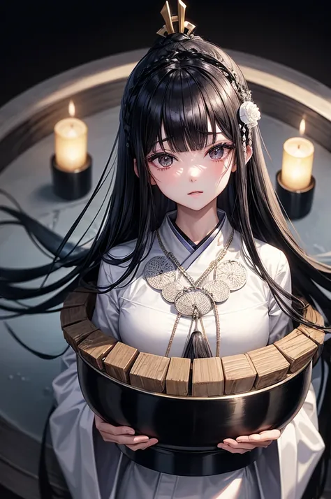  black hair、 princess cut、Round eyebrows、White robes、３Two rice bales hair ornament、 bangs、Narrow eyes、Age 25、 slender、Holding a pot of Japanese sake、 close your eyes 