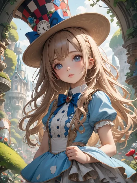 A shot where the hat properly shows everything、Full body shot 、1 girl, masterpiece, highest quality, 8k, fine skin texture, fine cloth texture, beautiful detailed face, intricate details, Super detailed, alice in wonderland,  Upper body