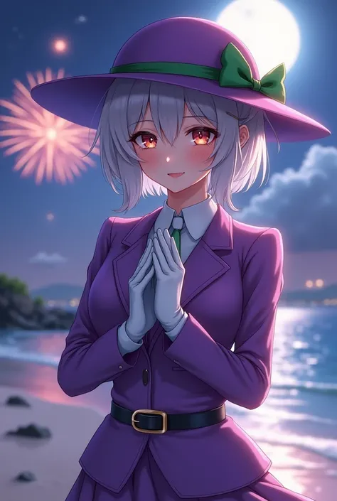 masterpiece, best quality, musse egret, purple hat, hairclip, green ribbon, purple jacket, white gloves, belt, purple miniskirt, upper body, blushing, smile, looking at viewer, beach, night, moon, fireworks, hands to chest