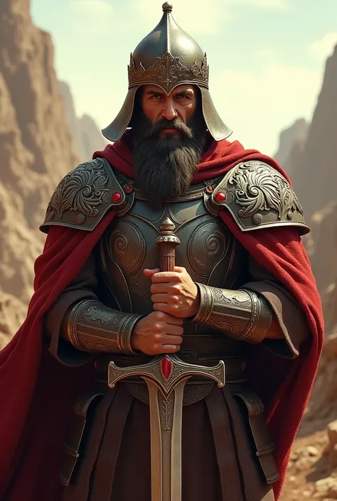 Babak Khurrami, an ancient warrior with a helmet on his head and a sword in his hand, an Azerbaijani warrior,