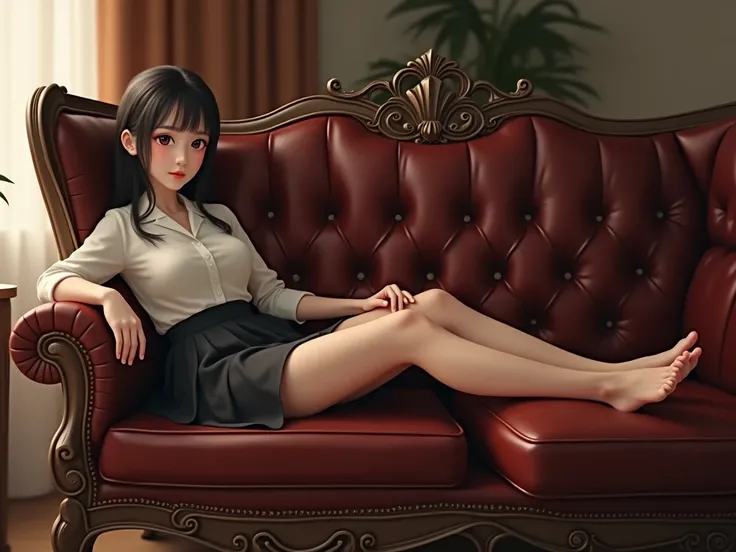 Create a picture of a Thai female student with her legs draped over a footrest, her arms on a sofa, and her legs sitting on a leather sofa throne.