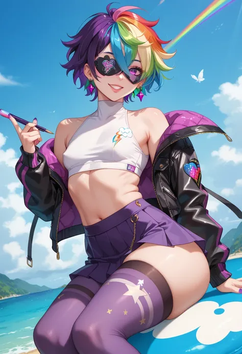  A feminine looking man , rainbow hair,  disheveled hair chogo ,  eye covering hair , Paint your lips black,  flirty smile ,  purple mini jacket ,  tight white top , purple mini skirt ,  rainbow short tights , slim and feminine body.,  thick thighs ,  smal...