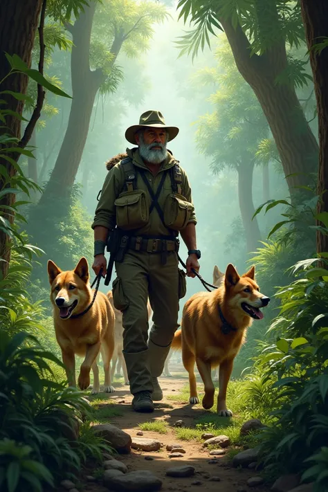 Pack of shepherd dogs and their owner as a hunter in a jungle