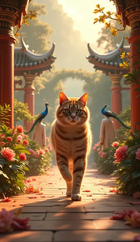 
" A majestic cat walks through a lush imperial garden ,  surrounded by exotic flowers , decorative fountains, and peacocks . Behind the cat ,  servants carry pillows and luxury items ,  as it walks with an imposing posture under the sunny sky."
