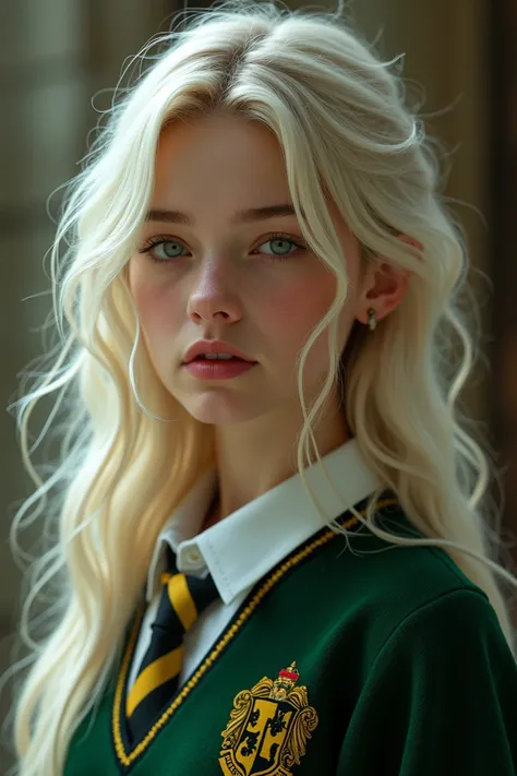  You can make me the image of a blonde girl ,  with wavy and long hair in a shade of platinum blonde ,  with light green eyes , rosy cheeks, Medium lips,  a slender, upturned nose but with a slightly large average bust,  wearing the Hufflepuff uniform ,  w...