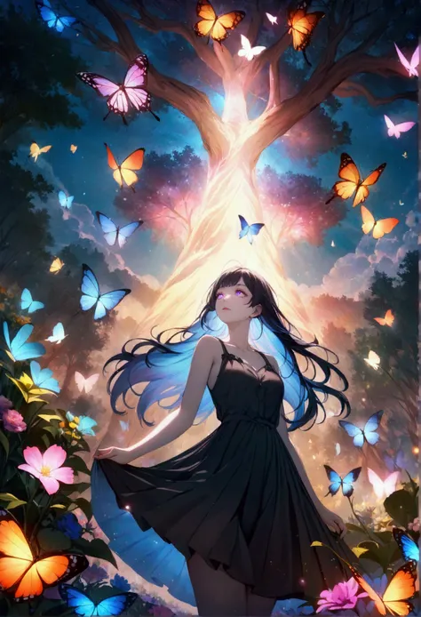 (woman(student, , JK, Long hair, Colorful eyes, Pale skin，) look up to the sky), (Many butterflies flying in the air), Beautiful sky, Summer，Colorful flowers blooming everywhere, Mysterious and dreamy ,Huge tree，quality(8K,CG Wallpaper, masterpiece,High re...