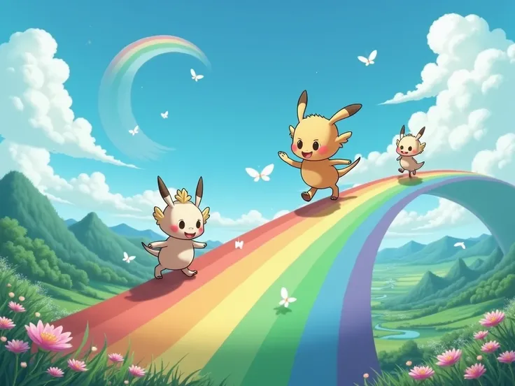 A rainbow over a valley 、An imaginary world where ren walk on a rainbow、Smiling ren 、Vast Nature、 Ultra High Definition、 Japanese anime style、birdie、