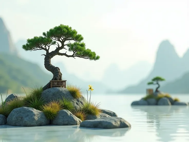  antique Chinese decoration , On a stone,  welcoming pine tree ,   Mountain Range , water, 오래된 중국 건water, grass, Smoke a cigarette,  micro landscape style ,  Chinese artistic concept ,  on a stone The subject is surrounded by a clean white background, Phot...