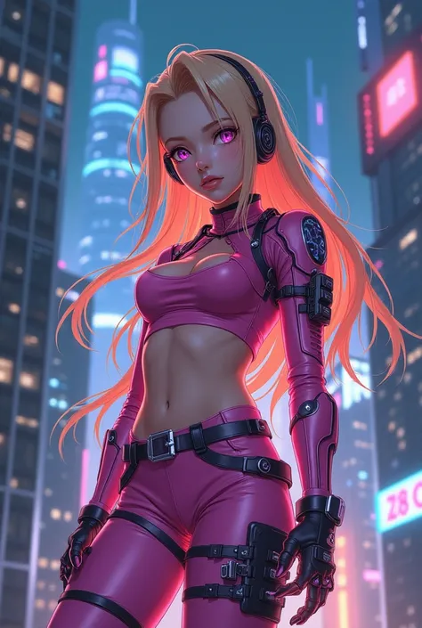 anime,  beautiful woman with digital technology appearance ,  music in ear cool cyber punk suit pink armor , Blonde hair, beautiful eyes,  mature teen , Fantastic outfit covered shiny leather glowing crop top, detailed Korean interior , digital cityscape ,...