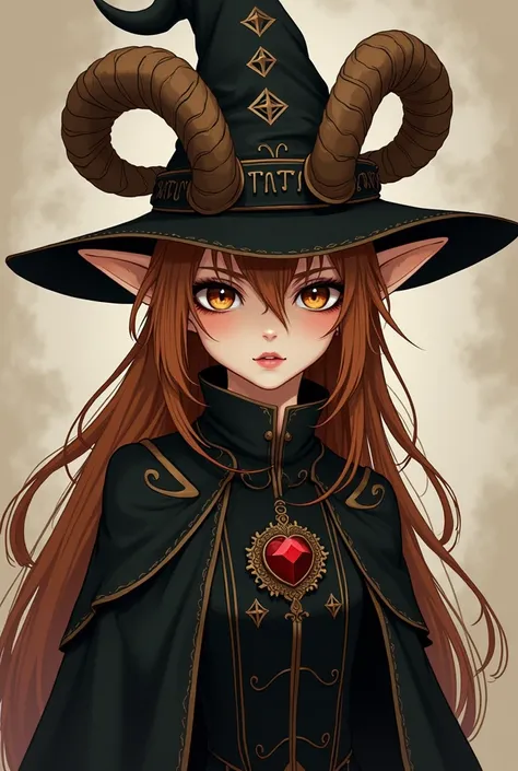 Aethera  es un nombre que evoca misterio y poder.  As an elf magician based on the sign of Aries , Aethera , Light brown fur, brown eyes, anime, drawn, Wearing a hat with Aries horns , gothic, darks, darksoul