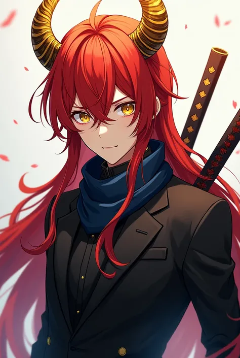 Young adult anime boy ,with long red hair with golden horns and yellow eyes with concentric circles,dressed in a black suit and a dark blue scarf . with a crimson leaf katana behind his back .