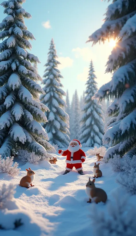 winter forest,  snow-covered trees , elegant Christmas trees ,  Santa Claus is having fun in a clearing with forest animals, bunnies, squirrels, high definition ,  Smile , masterpiece, HD model,  Ultra high definition , Shine,  Backlight, 8K rendering, 3D ...