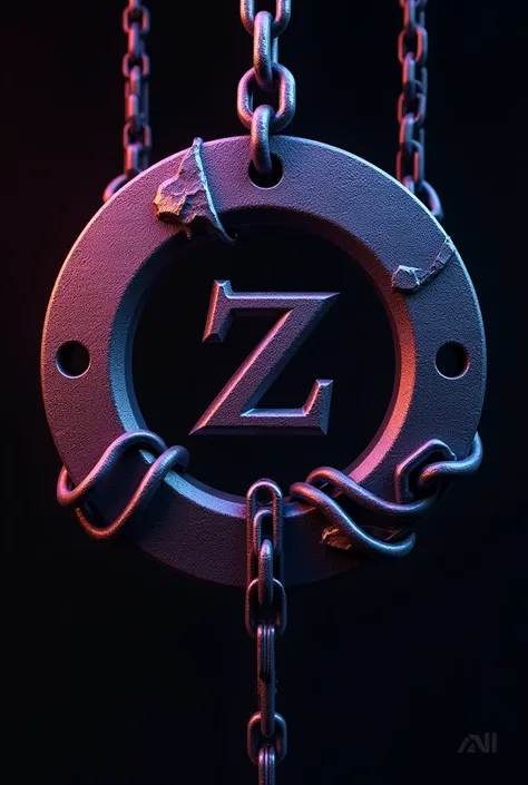 3d iron rings made in purple , Navy blue,  burgundy colors on a black background and 3d letter Z designed with a huge enigmatic and insidious color wrapped in iron chains inside the rings.