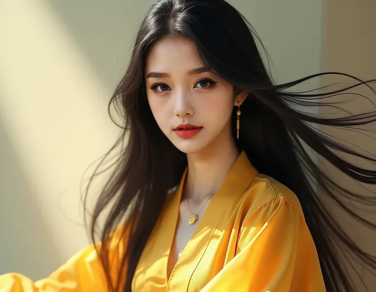  Make me a long black haired girl,  asian , wear a yellow dress 