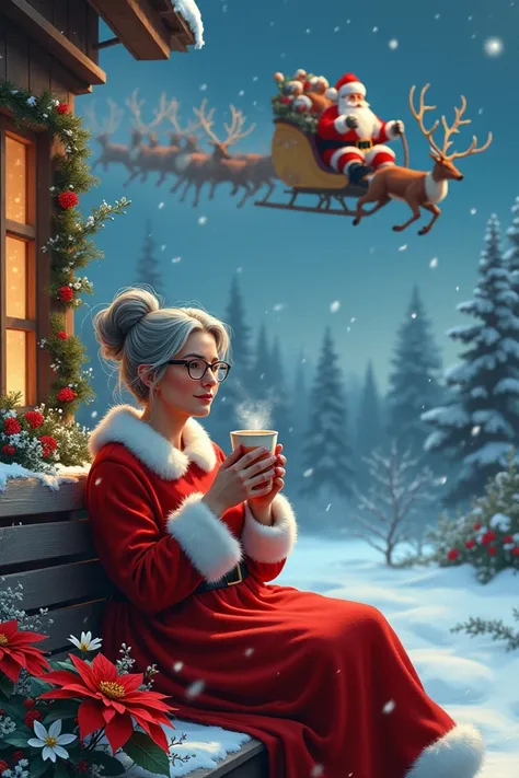   Create an enchanting illustration of a Mrs. Santa, wearing a red dress white trim, glasses, wispy grey hair in a bun, black boots, adorned with Poinsettia flowers tiny white flowers and holly berries, tiny icicles, sitting on a bench enjoying a hot cup o...