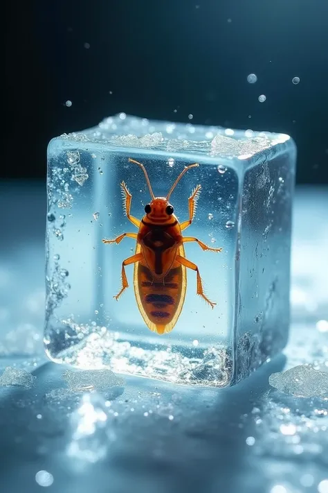 A cockroach inside an ice cube frozen 