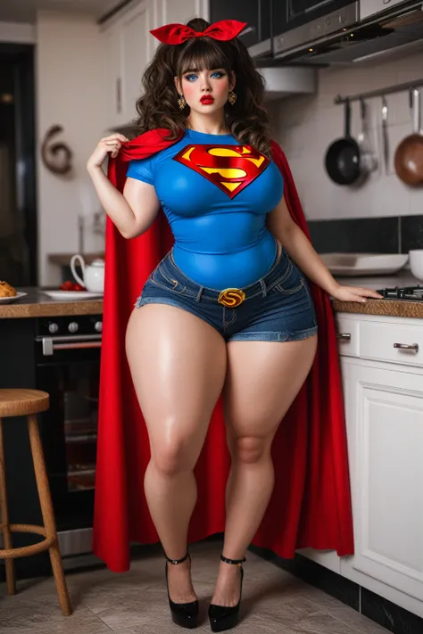 (Very detailed RAW color photography), 4k, realistic, charismatic, very detailed, there is a girl in the kitchen, dressed in a super girl costume, (she is a super girl), superhero theme, extra long black multicolored and wavy hair, extra long ponytail with...