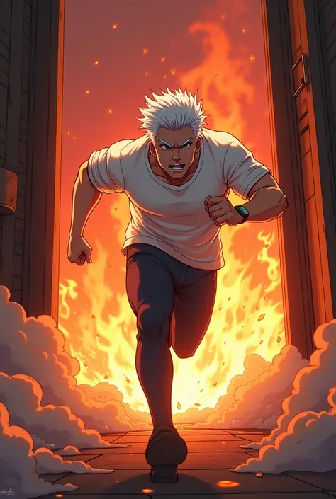 White haired Anime muscular boy wearing white shirt runs into the burning house 