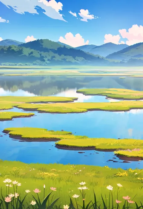 plateau ,  wetland, spring,  blue sky, cloud