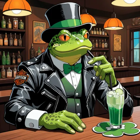 Closeup, Cartoon of an extremely badass anthropomorphic light blue and white bullfrog wearing an insanely cool black leather Harley Davidson biker jacket open, green St. Patricks Day top hat, green waistcoat with shamrock, green bowtie, black leather biker...