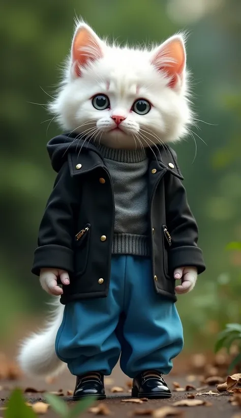  Realistic white kitten wearing black jacket and blue pants,wearing shoes,standing whole body , ful green background 