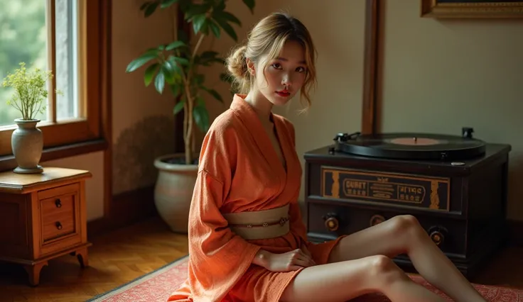 A retro Japanese room、Record player、Woman sitting、( high definition ), (of the most absurd nature), ( High Quality ), (masterpiece),((18-year-old girl)) ), Fashion Supermodel ,(best  High Quality  real texture skin:1.3),((black檀の肌の女性:1.2)),(最 High Quality ...