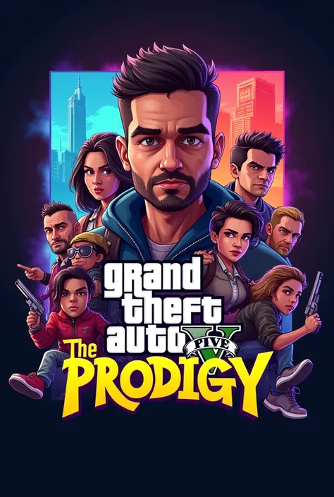 Create an awesome logo for a game with the title the prodigy with cartoonistic graphics and sides showing different protagonists and NPCS to the style of GTA 5