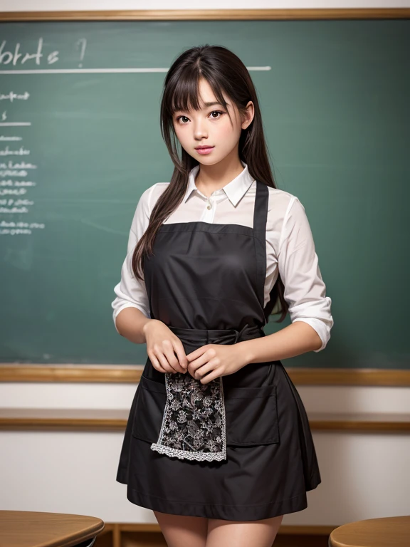 shape dark brown dress ,  white guipure lace apron  schoolgirl standing at the blackboard in class, answers lesson ,  realistic photo of the 70s , 