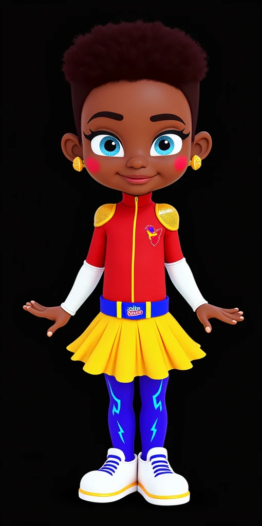 Rebeca, pj masks OCs, Afro-American skin, Laser Leather Shoulder Pads, red suit with Jolly Rancher Mascots sprinkles, blue belt With Jolly Rancher Symbol, Yellow Skirt, white shoes with Blue striped Lightning and blue laces,