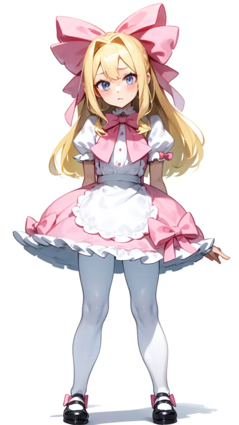 blonde hair, bow, pink bow, blue eyes, hair bow, alone,  1 girl , skinny ,white tights, full body is shown