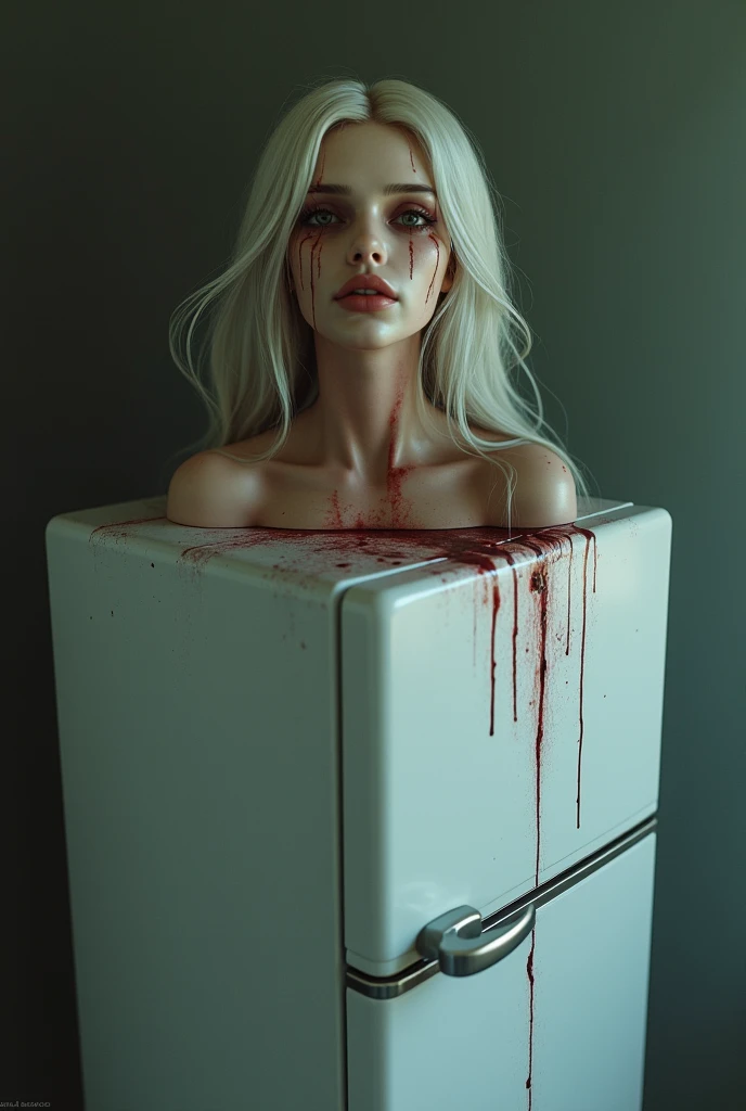 A pretty woman severed head placed on a fridge