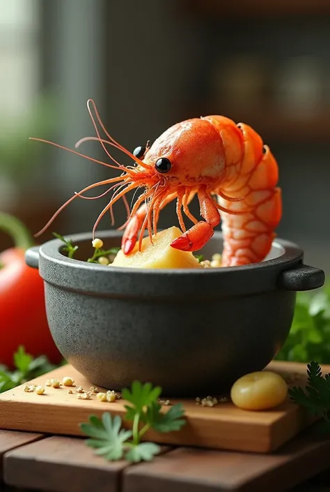 a shrimp with a pestle in its hand grinding a piece of bread inside a large pot, with the bench surrounded by coriander pieces , This with a kitchen bottom and all in a realistic shape 