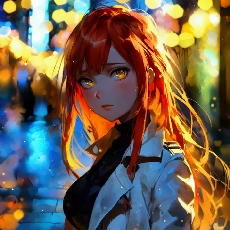 1 female, standing, ((sad expression)), ((very long red hair)), cute eyes, yellow eyes, long eyelashes, large breasts, white trenchcoat, black turtleneck sweater, (on a sidewalk), night time, city lights, (bokeh), portrait, masterpiece, ultra HD, anime sty...